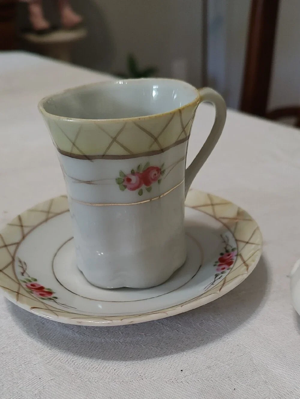 Porcelain Floral Demitasse Cup & Saucer with Salt and Pepper Shakers - Cream